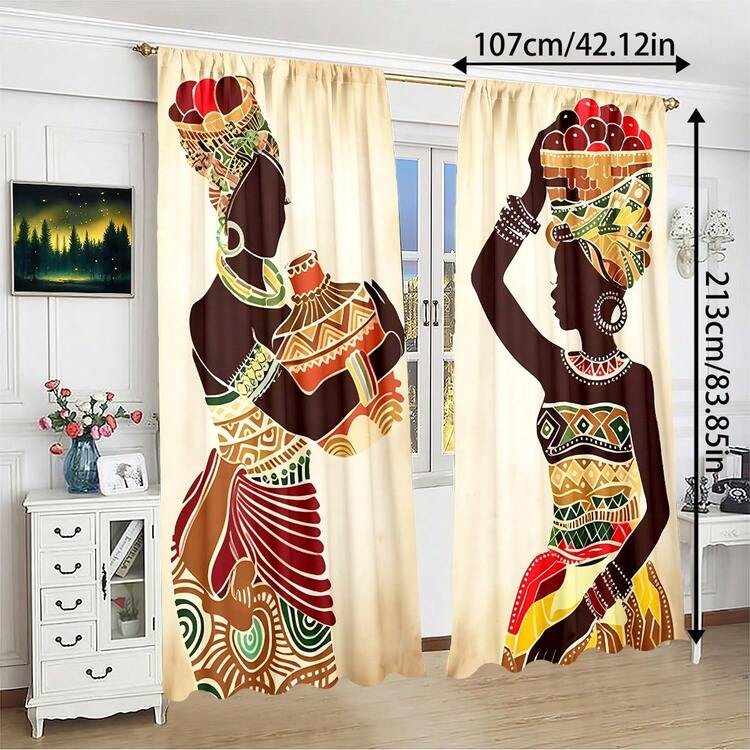 2 件非洲文化融合窗帘 - 3D 佩斯利印花搭配传统女性艺术，100% 涤纶薄纱窗帘，防褪色，可机洗，带杆袋，适用于卧室客厅门，波西米亚风格家居装饰 - 彩色 - 查看 5