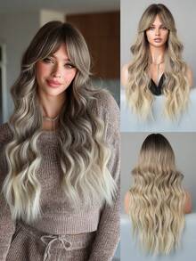 7JHH WIGS 灰金色假发长卷发假发带窗帘刘海深色发根耐热合成发色渐变波浪假发适合女士日常派对使用 28 英寸 - 漸層 - 查看 3