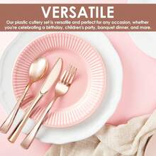 50/25 piezas Juego de cubiertos en color oro rosa: Cuchillo, Tenedor, Cuchara, Fácil de limpiar y reutilizable, Incluye cuchillo de fruta, tenedor de fruta, cuchara para pasta, cuchara de postre, cuchillo para tarta, tenedor y cuchara de ensalada. Adecuado para: Hogar, Restaurante, Exterior, Cumpleaños, Boda, Fiesta, Picnic, Graduación, Suministros escolares, Vajilla navideña