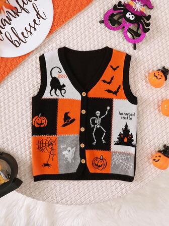 Chaleco de punto de Halloween con diseños de calabaza, monstruo, esqueleto, gato negro, sombrero de bruja, araña, fantasma y murciélago en parches naranja y negro, para bebés y niños pequeños, moda de otoño/invierno
