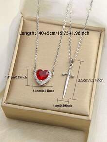 2pcs/Set Elegant Luxury Red Heart & Sword Couple Necklace, Stainless Steel Chain With Sparkling Cubic Zirconia Pendant, Suitable As Gift For Women & Men