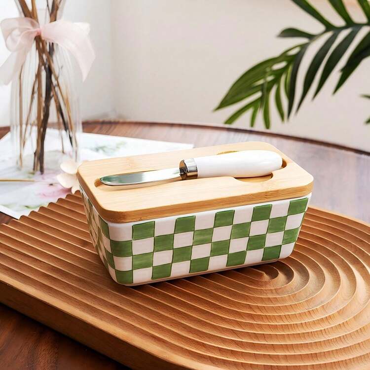 1 Conjunto Prato de Manteiga Cerâmico com Tampa de Bambu e Faca, Prato de Manteiga Estilo Europeu Grande, Caixa de Armazenamento de Queijo, Recipiente de Armazenamento de Alimentos, Prato de Manteiga de Cozinha, Caixa de Armazenamento de Alimentos para Bancada, Caixa de Manteiga com Vedação Alta, Adequado para Acessórios de Cozinha, Armazenamento em Geladeira, Armazenamento de Cozinha Doméstica, Ótimo para Presentes e Decoração de Feriados - Multicolorido - Visão 6