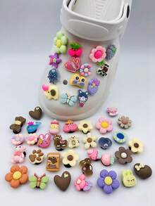 Set de 30 piezas/50 piezas/100 piezas de accesorios de zapatos DIY lindos con osos y flores de resina de dibujos animados (patrón aleatorio) - Multicolor - Ver 5