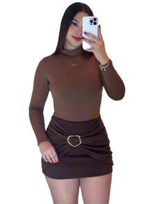 Shorts Set With Buckle And Long Sleeve Bodysuit With High Neck, Elegant And Casual, Nightclub Party - 鏽棕色 - 查看 6