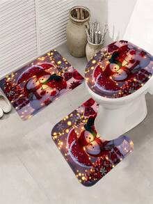 1 pièce/4 pièces Ensemble de décorations de Noël bonhomme de neige comprenant un rideau de douche imperméable avec 12 crochets, une housse de siège de toilette, un tapis de bain antidérapant et un tapis de sol en polyester lavable. Convient pour la décoration de la salle de bain, de la chambre, de la maison et du salon.