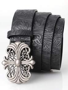 1 pièce Ceinture style vintage unisexe - Ceinture mode en faux noir avec boucle ajourée rétro - Ceinture style punk rock Y2K, convient pour jeans, robes et tenues décontractées - Noir - Voir 2