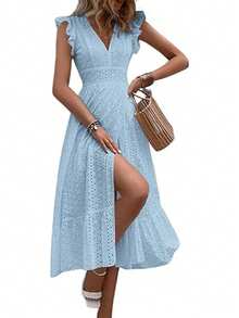 Long Beach Dress With Wrap Hem And Ruffle, Vacation Outfit For Women - Light Wash - View 11