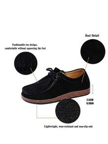 Plates à lacets à franges vintage, ambiance décontractée artistique, convenant pour le trajet et la sortie, design unique à franges, style rétro subtil, attrait mode, nouvelle arrivée automne/hiver - Noir - Voir 8