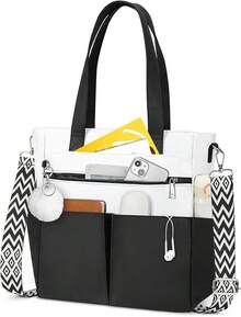 Lubardy Bolsas Tote de Mujer con Pompón Bolsa de Lona Mujer Bolsa Tote Bag Impermeable Bolso Mujer con Bandolera - Negro & Blanco - Ver 2