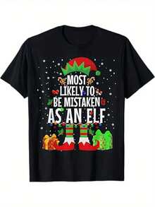 1pc Camiseta Gráfica de Navidad Divertida para Hombre - Dicho "Más Probablemente Será Confundido con un Elfo" con Estampado de Zapatos de Elfo y Copos de Nieve, 100% Algodón Cuello Redondo, Tejido de Punto Ligeramente Elástico, Atuendo Casual de Fiesta para Todas las Estaciones (Tallas S-XXXL) - Negro - Ver 1