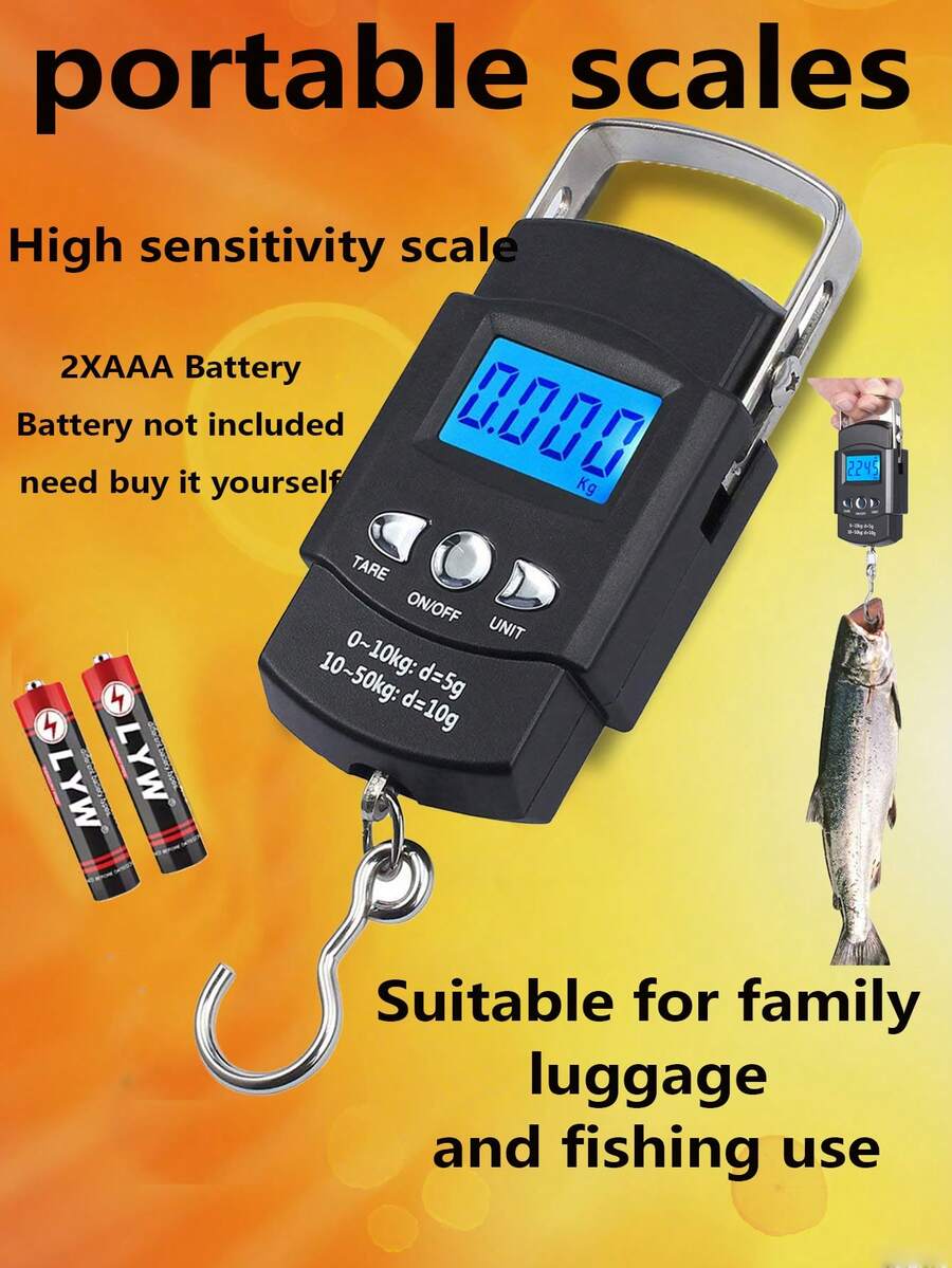 1pc Piece Of Digital Fishing Scale With Tape Measure, 50Kg Accurate Weighing Fish, Luggage, Hand Scale, One-Button Conversion G/Kg/Lb/Gln With Hook Luggage Scale, Shopping Scale, Express Scale, LCD Digital Hanging Scale .Battery Not Included