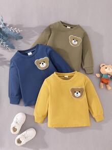 Baby Boy 3pcs Multi-Color Bear Patch Waffle Texture Solid Color Sweatshirts, Casual Long Sleeve T-Shirts, Spring Autumn Winter - Multicolor - View 9