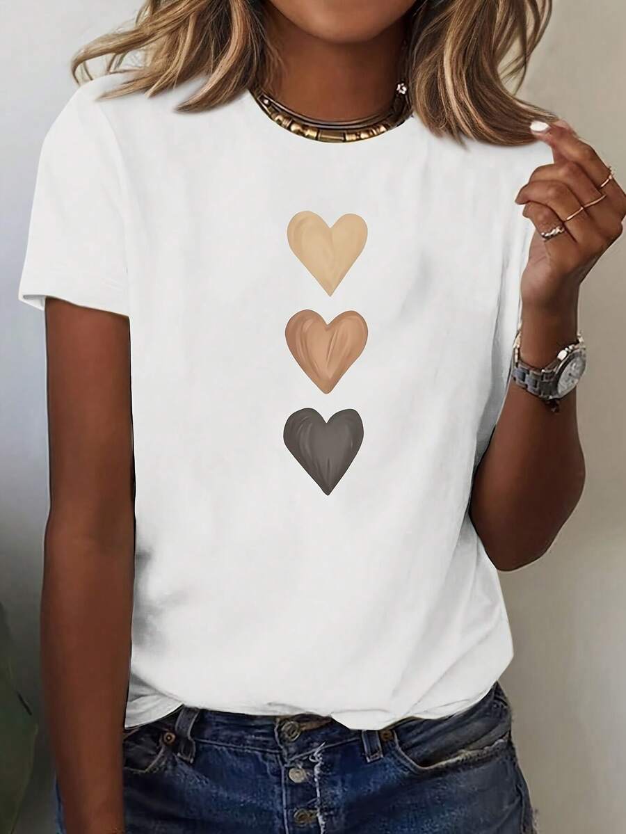Everyday Comfort) Women's Elegant Heart Print T-Shirt - Stylish White With Beige, Brown, And Black Hearts, 100%Cotton , Machine Washable, Chic Geometric Pattern Top, Allseason Apparel|Fashion Tshirt|Glossy Texture - White - View 1