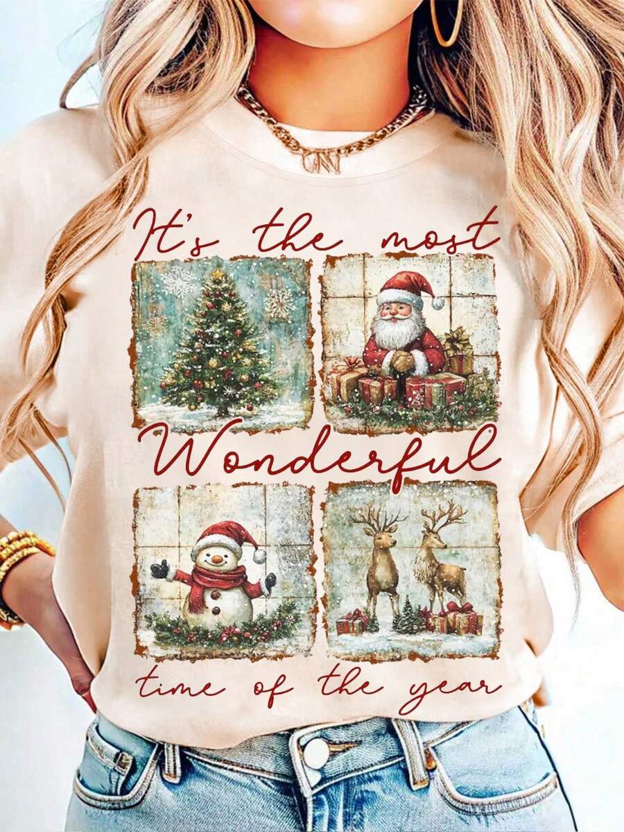 Vintage Christmas Graphic T-Shirt, "Santa Claus, It's The Most Wonderful Time Of The Year" Merry Christmas T-Shirt, Casual Round Neck Short Sleeve Tee For Women, Fall/Winter