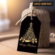 48pcs Christmas Black Gold Gift Tags With Hemp String – Festive Labels For Holiday Gift Wrapping, Christmas Tree Ornaments & Festive Home Decor, Ideal For Christmas Party Supplies - Multicolor - View 7