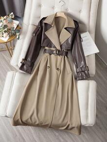 Women's Colorblock Double-Breasted Trench Coat With Contrast Pockets And Belt Spring - Coffee Brown - View 1