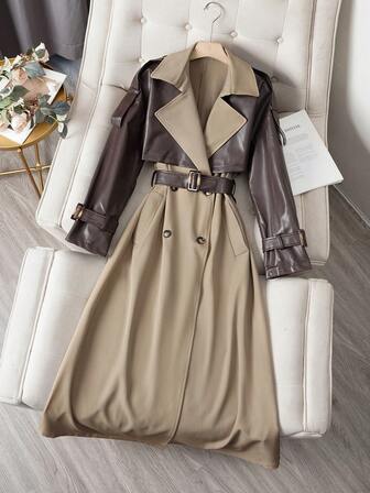 Women's Colorblock Double-Breasted Trench Coat With Contrast Pockets And Belt
