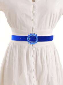 1pc Sapphire Blue Rhinestone Buckle Velvet Women's Belt, Casual Fashionable Versatile Accessory Suitable For Dresses, Parties, Gatherings With Friends - Blue - View 1