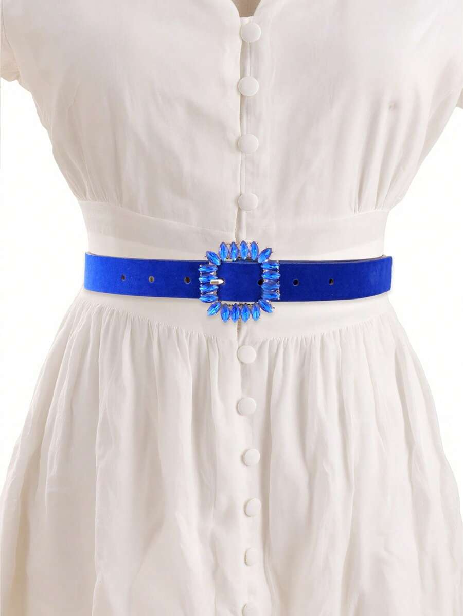 1pc Sapphire Blue Rhinestone Buckle Velvet Women's Belt, Casual Fashionable Versatile Accessory Suitable For Dresses, Parties, Gatherings With Friends - Blue - View 1