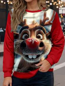 Fashionable Casual Vacation Style Elegant Versatile Women's Outdoor, Home, Travel, Work Pullover Sweatshirt, Christmas Cute Reindeer Nose Print, Lightweight Long Sleeve, Red, Party, Gathering - Red - View 2