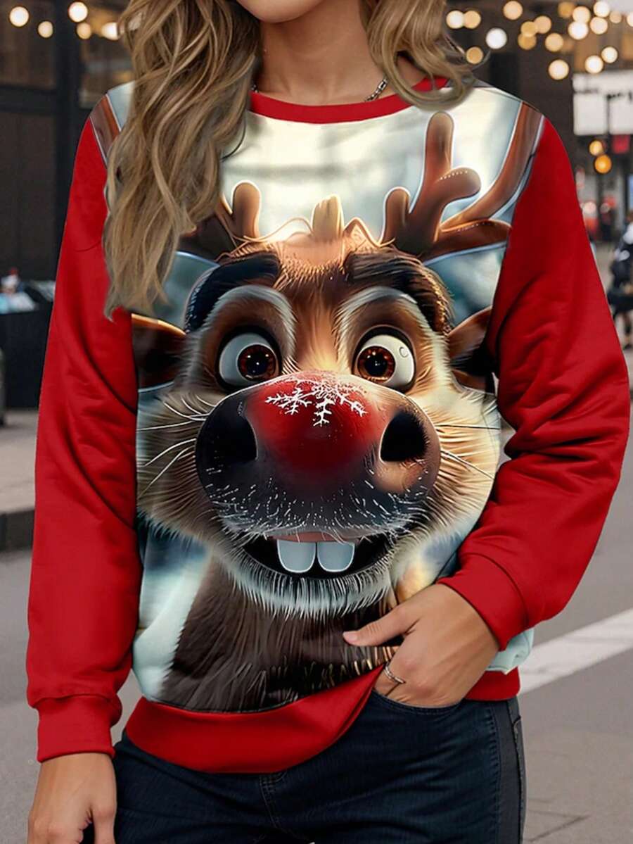 Fashionable Casual Vacation Style Elegant Versatile Women's Outdoor, Home, Travel, Work Pullover Sweatshirt, Christmas Cute Reindeer Nose Print, Lightweight Long Sleeve, Red, Party, Gathering