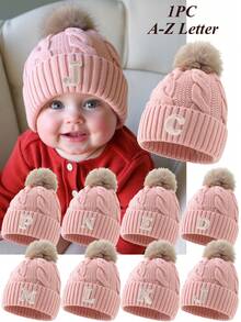 1 件装婴儿 A-Z 字母针织帽 女婴帽子 单绒球儿童无檐便帽 婴儿配饰 儿童帽子 弹力 0-3 岁幼儿女孩男孩帽子 - 粉色 - 查看 1