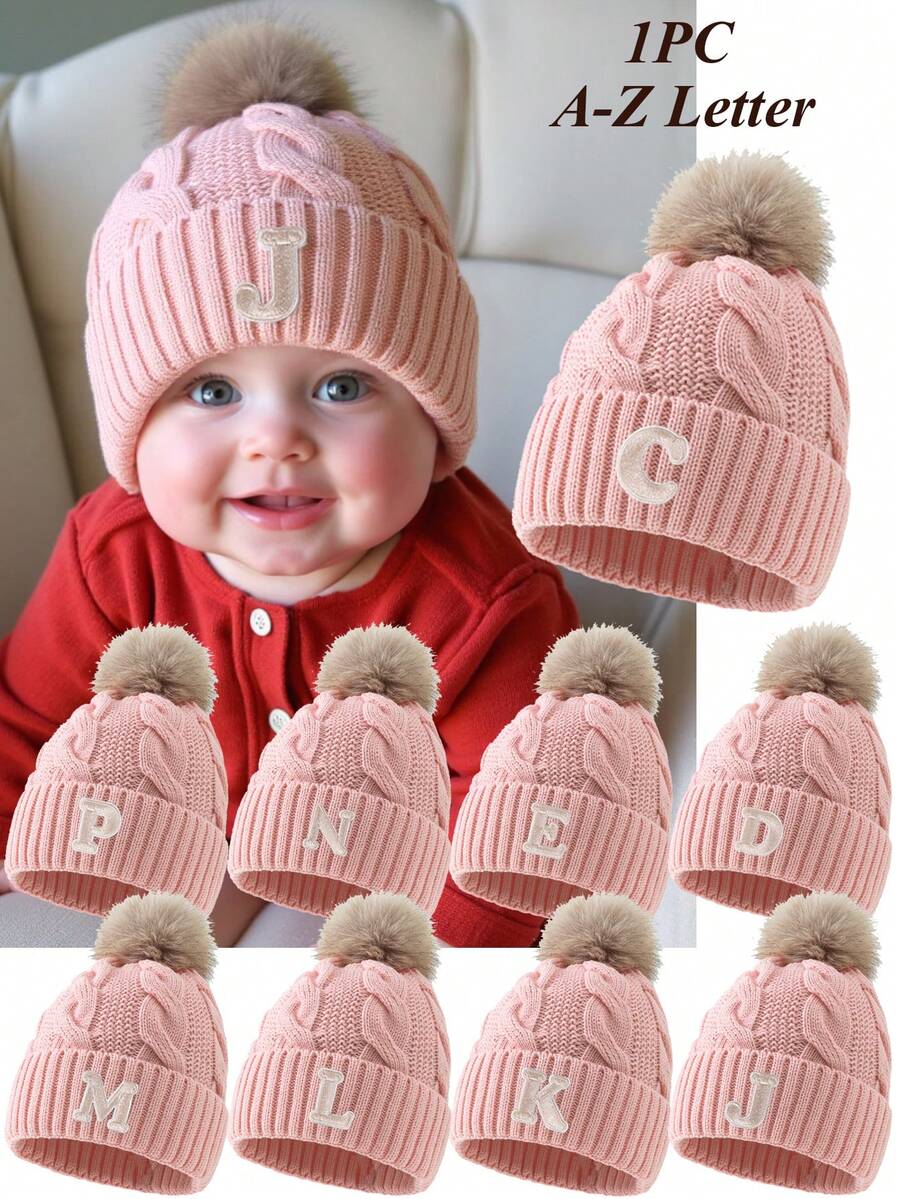 1 件装婴儿 A-Z 字母针织帽 女婴帽子 单绒球儿童无檐便帽 婴儿配饰 儿童帽子 弹力 0-3 岁幼儿女孩男孩帽子 - 粉色 - 查看 1