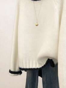 时尚优雅的撞色套头毛衣，适合秋冬季日常穿着、户外休闲和旅行。 - 米色 - 查看 2