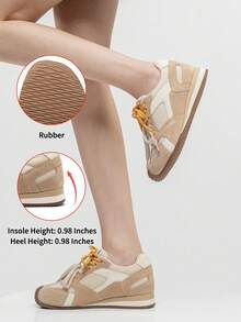 somiliss Women's Casual Sneakers With Hidden Wedge Heel, Fashion Lace-Up Bicolor Soft Bottom Trainers, Comfortable For Commuting And Daily Wear, Apricot Color - Apricot - View 6