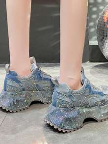 DareSee 2025春秋新款女士水钻厚底运动鞋，时尚ins风休闲跑步鞋，圣诞礼物 - 藍色 - 查看 10