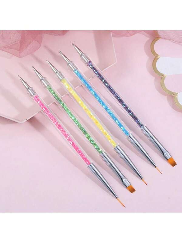 Kit 5 Peças Pincéis e Boleadores 2 em 1 Ponta Dupla Para Decoração de Unhas – Nail Art/ Pontilhismo/ Desenho Artístico/ Manicure e Pedicure Profissional