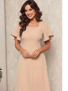 Women's Short Sleeve Princess Elegant Midi Dress - Bege - 查看 1