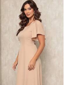Women's Short Sleeve Princess Elegant Midi Dress - Bege - 查看 2