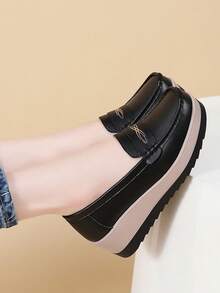 女士时尚厚底压花印花增高百搭厚底一脚蹬休闲鞋 - 黑色 - 查看 7