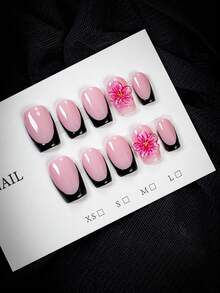 10片Y2K风格3D粉色花朵短款美甲贴片，纯手工制作，粉底色和黑色法式压贴设计，立体粉色花朵装饰，花朵心形点缀金色珠子，甜美清爽，夏秋必备美甲贴片，适合日常派对、节日和轻商务场合佩戴，是送给女性和女孩的最佳礼物。 - 黑色 - 查看 6