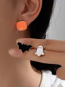 3 Pairs/Set Of Halloween Metal Orange Pumpkin, Bat, Ghost Lady Earrings, Sweet And Unique Holiday Jewelry - Pumpkin Ghost Bat - View 7