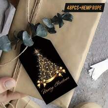 48pcs Christmas Black Gold Gift Tags With Hemp String – Festive Labels For Holiday Gift Wrapping, Christmas Tree Ornaments & Festive Home Decor, Ideal For Christmas Party Supplies - Multicolor - View 5