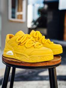 男士新款百搭小众原创高帮休闲运动鞋，厚底防滑运动鞋，纯色休闲运动鞋 - 黃色 - 查看 6