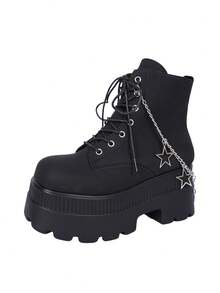 大码女式系带靴，星形链条装饰，厚底方头坡跟踝靴，秋冬季时尚单品 - 黑色 - 查看 7