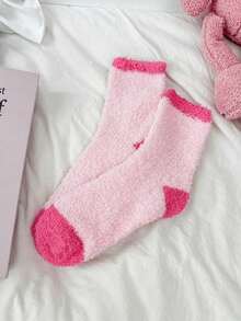 1/3/5双装粉色蓬松袜子，情人节礼物，秋冬季女士加厚保暖袜，不掉毛圣诞礼物 - 粉色 - 查看 9