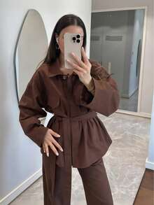 女士休闲商务装，女式职业套装，四粒扣假口袋衬衫配腰带，法式简约休闲装 - 巧克力棕 - 查看 5