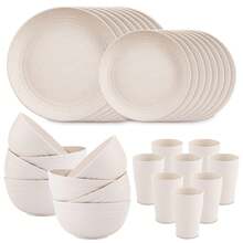 16/32pcs Kitchen Wheat Straw Large Size Dinnerware Set, Service For 4/8, Unbreakable Modern Dish Set-Dinner Plate/Dessert Plate/Cereal Bowl/Cup, Lightweight Tableware, Perfect Camping And Everyday Use - 白色 - 查看 1