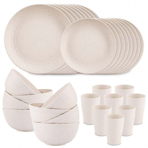 16/32pcs Kitchen Wheat Straw Large Size Dinnerware Set, Service For 4/8, Unbreakable Modern Dish Set-Dinner Plate/Dessert Plate/Cereal Bowl/Cup, Lightweight Tableware, Perfect Camping And Everyday Use