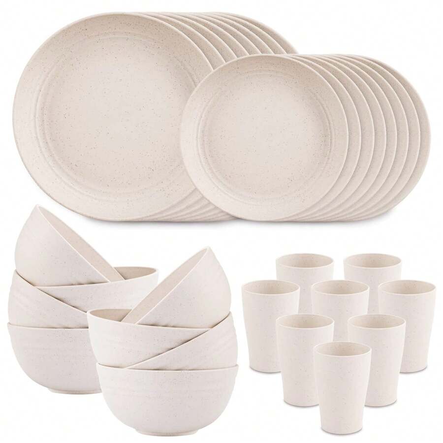 16/32pcs Kitchen Wheat Straw Large Size Dinnerware Set, Service For 4/8, Unbreakable Modern Dish Set-Dinner Plate/Dessert Plate/Cereal Bowl/Cup, Lightweight Tableware, Perfect Camping And Everyday Use - 白色 - 查看 1