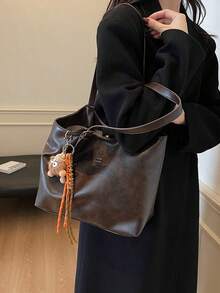 New Fashion Solid Color PU Leather Women's Shoulder Bag, Retro Handbag With Buckle And Zipper, Large Capacity Tote Bag, Suitable For Travel, Shopping, Dating, Suitable For Teenagers, Female College Students, Young Professional Women, Ideal For Office, School, Work, Business, Commuting, Outdoor, Travel And Other Occasions - Coffee - View 4