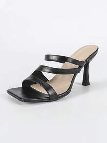 Women's Black Square Toe Simple Personalized Slip-On Thin Heel Sandals, Casual Daily Wear Fashion Versatile High Heel Sandals - Black - View 6