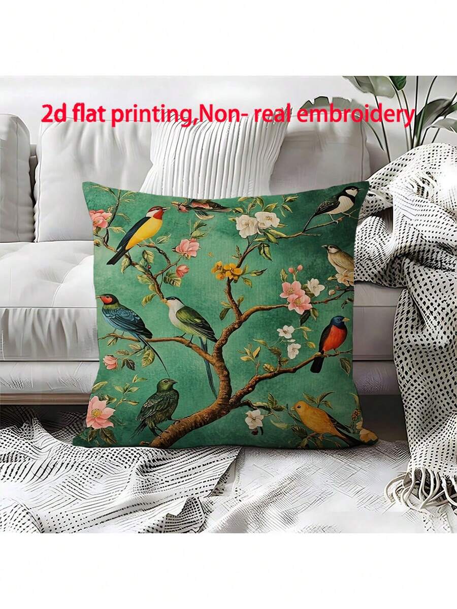 1 buah Sarung Bantal Beludru Lembut Motif Burung Hijau Gaya Cina - Ukuran 17,7*17,7 Inci, Cetak Satu Sisi, Penutup Resleting - Cocok untuk Sofa dan Dekorasi Rumah - Tanpa Bordir