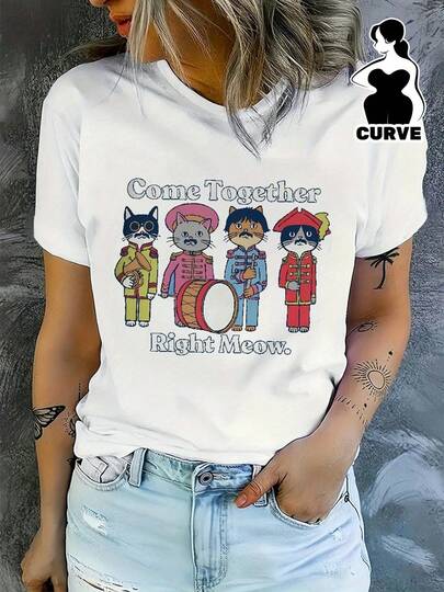 Beatles Style Come Together Right Meow Women's T-Shirt, 180g Cotton, Round Neck, Short Sleeve, White With Original Printed Cat Design, Ideal For Casual, Comfort And .