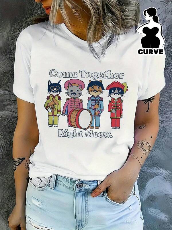 Beatles Style Come Together Right Meow Women's T-Shirt, 180g Cotton, Round Neck, Short Sleeve, White With Original Printed Cat Design, Ideal For Casual, Comfort And .