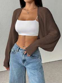 New Arrival Casual Ribbed Solid Color Knit Cardigan Sweater, Short Style Long Sleeve Top For Women - Brown - View 3